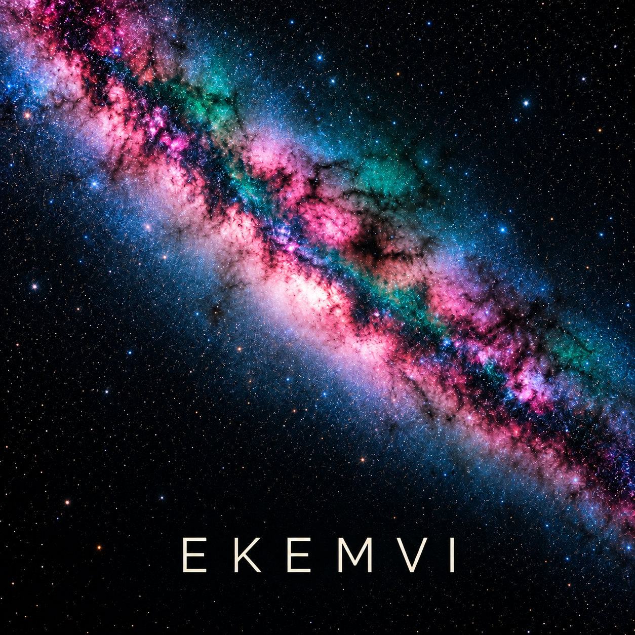 Front sleeve: EKEMVI in ivory below the vivid Milky Way