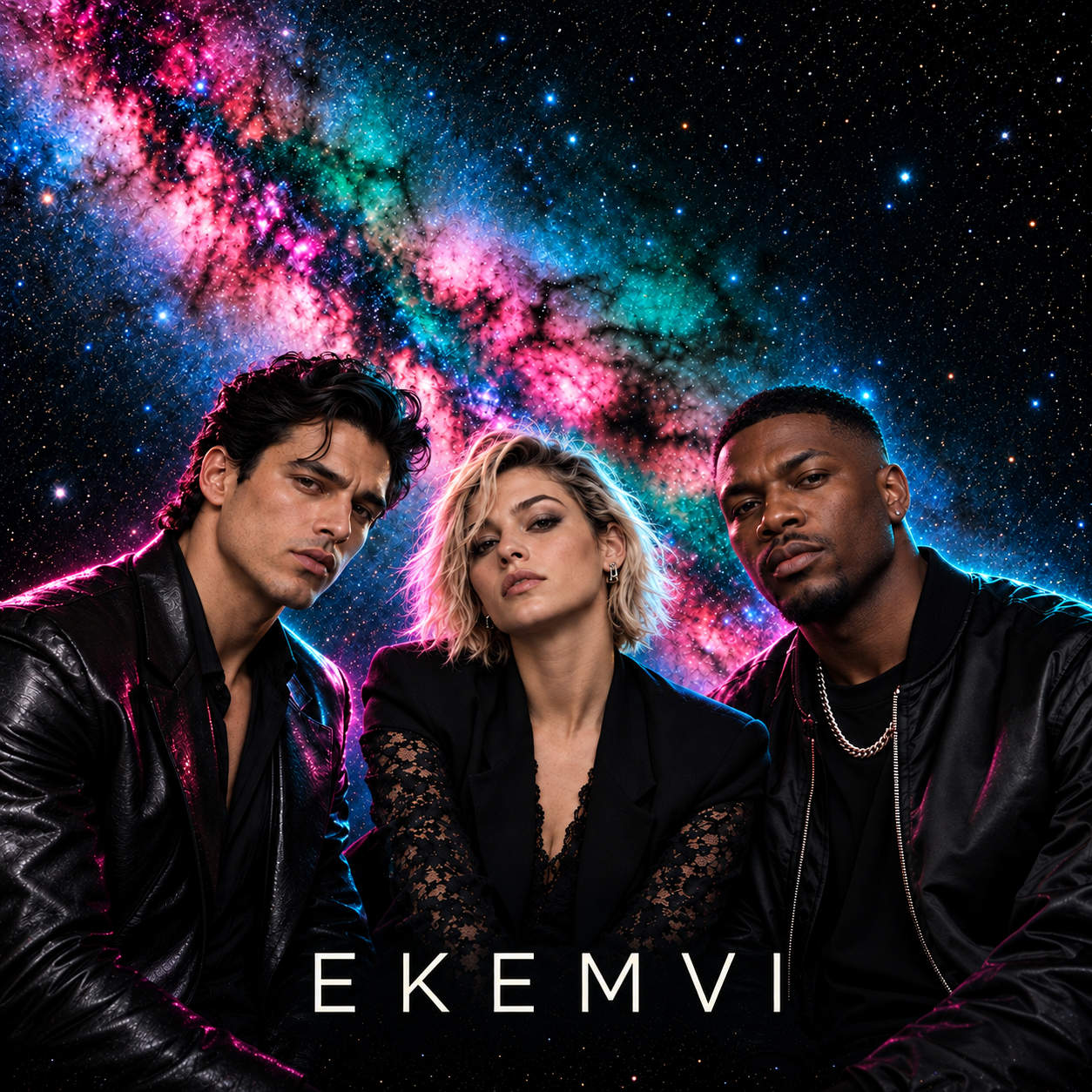 Back sleeve: the original fictional trio against the vivid Milky Way, with EKEMVI below