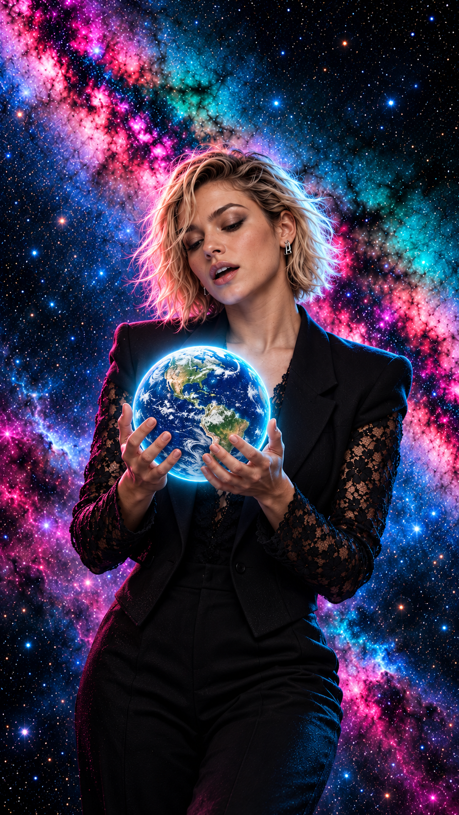 The blonde artist cradles a glowing Earth